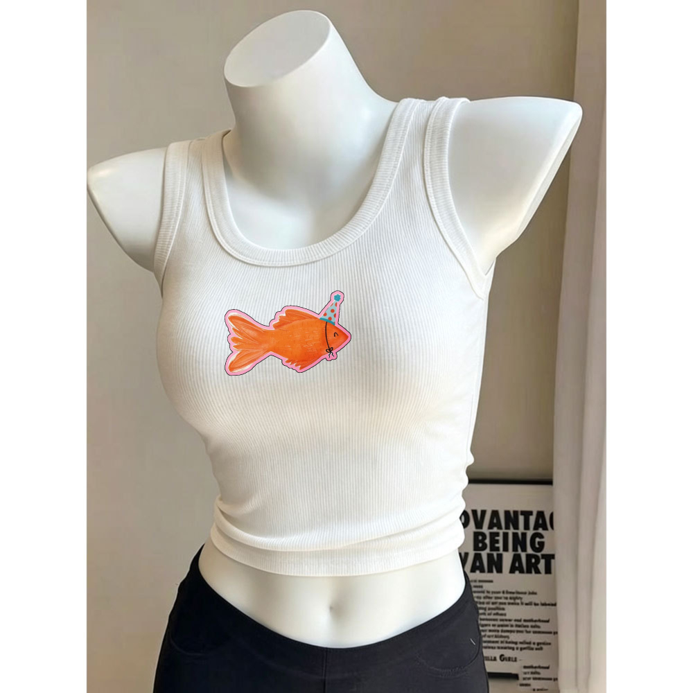Tank Top Ribbed - Party Goldfish Cartoon Print Y2K Top